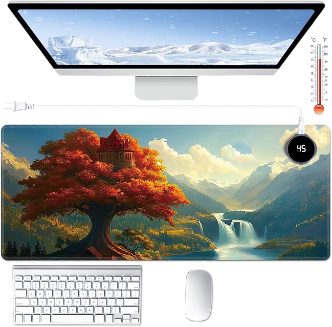 Heated Desk Pad Large Mouse Pad 31.5 x 13 inch with 3 Levels Heating & Auto Shut-Off Warm Mouse pad PU Leather Computer Mousepad for Home Office Work - Maple Leaf