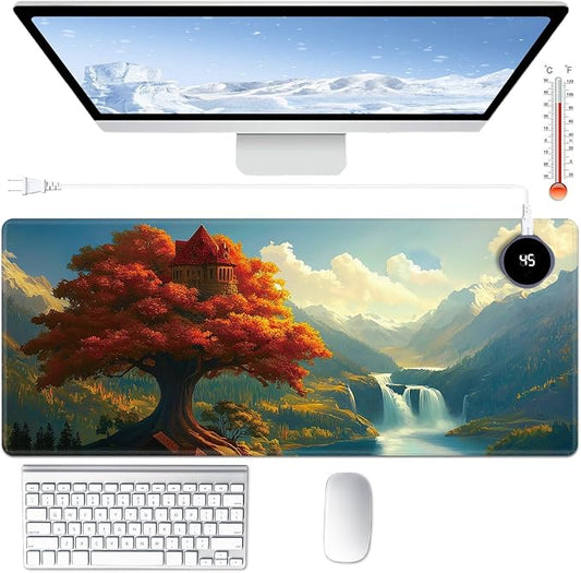 Heated Desk Pad Large Mouse Pad 31.5 x 13 inch with 3 Levels Heating & Auto Shut-Off Warm Mouse pad PU Leather Computer Mousepad for Home Office Work - Maple Leaf