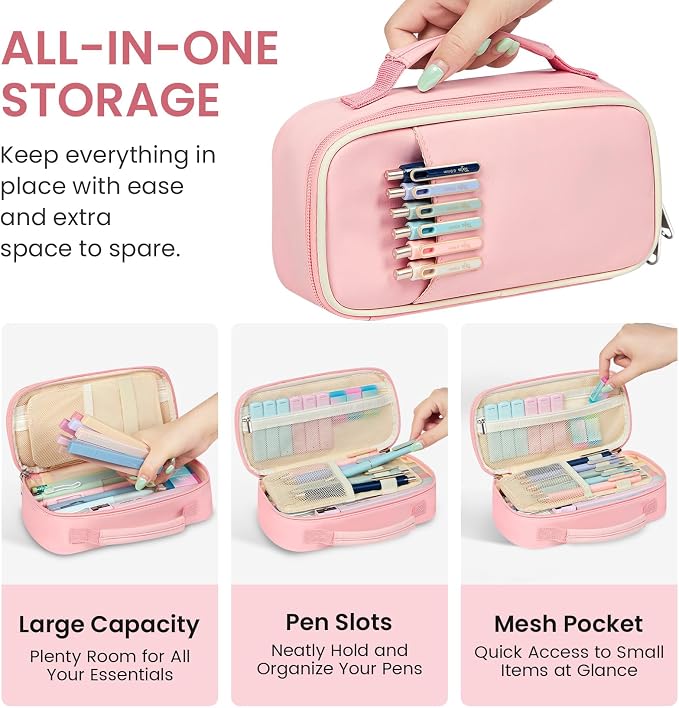 Cute Pencil Case With Supplies, 39 PCS Aesthetic Stationery Set with Pencil Pouch, 6 Black Ink Gel Pens, 12 Pastel Highlighters, 5 #2 HB Pencils, 4 Mechanical Pencils, Back to School Supplies - Pink