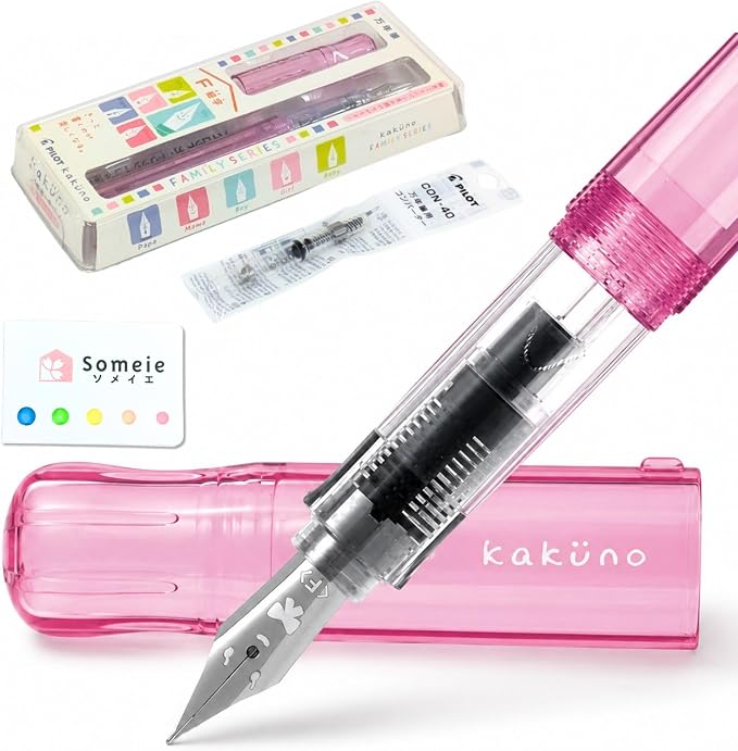 Fountain Pen Set CON-40 Converter & Kakuno Fine Nib with Black Ink Cartridge & Sticky Notes – Refillable Ink System, For Beginners, Calligraphy (Pink FKA-1SR-KGP-F)