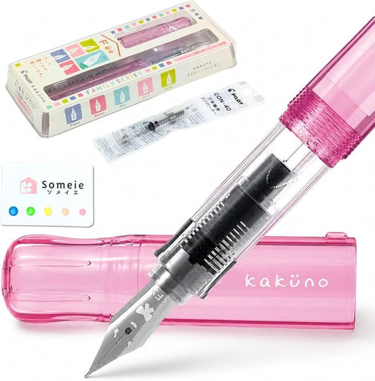 Fountain Pen Set CON-40 Converter & Kakuno Fine Nib with Black Ink Cartridge & Sticky Notes – Refillable Ink System, For Beginners, Calligraphy (Pink FKA-1SR-KGP-F)