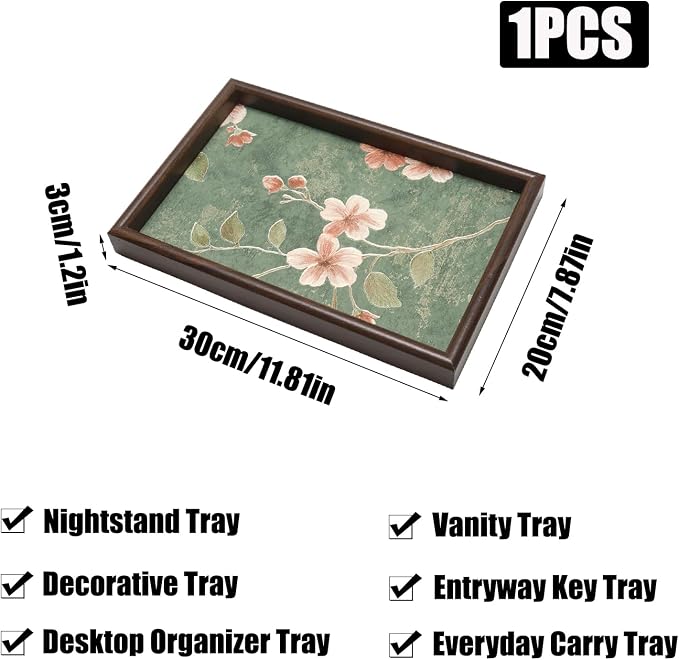 Wooden Valet Tray with Floral Base, EDC Catch All Tray Nightstand Entryway Table Vanity Organizer 11.8x7.9, Green Vintage Blossoms