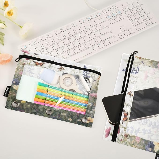 Butterfly Wildflower Pencil Pouch Fits standard 3-ring binders, Zipper Binder Pencil Bag with Clear Window for Office 2 Pack