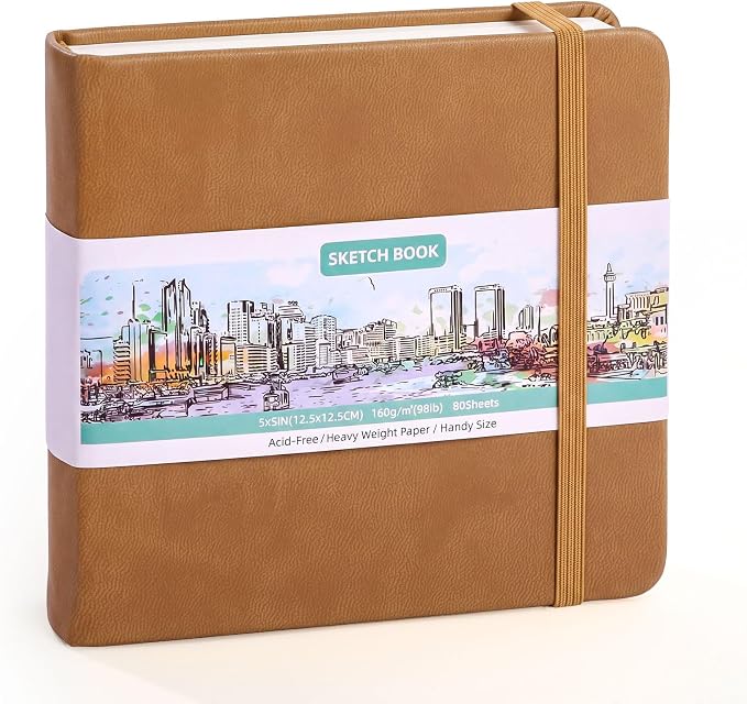 Sketch Book 5 x 5 Inch Small Blank Drawing Pad Brown Cover Portable Square Sketchbook for Pencil Charcoal Ink Gel Pen Pastel Travel Journaling Beginners Artists