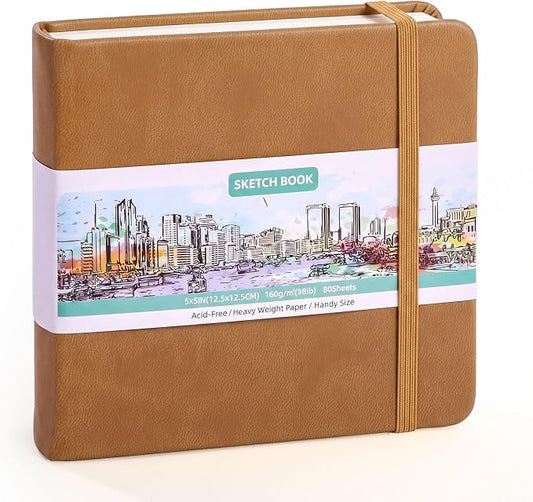 Sketch Book 5 x 5 Inch Small Blank Drawing Pad Brown Cover Portable Square Sketchbook for Pencil Charcoal Ink Gel Pen Pastel Travel Journaling Beginners Artists