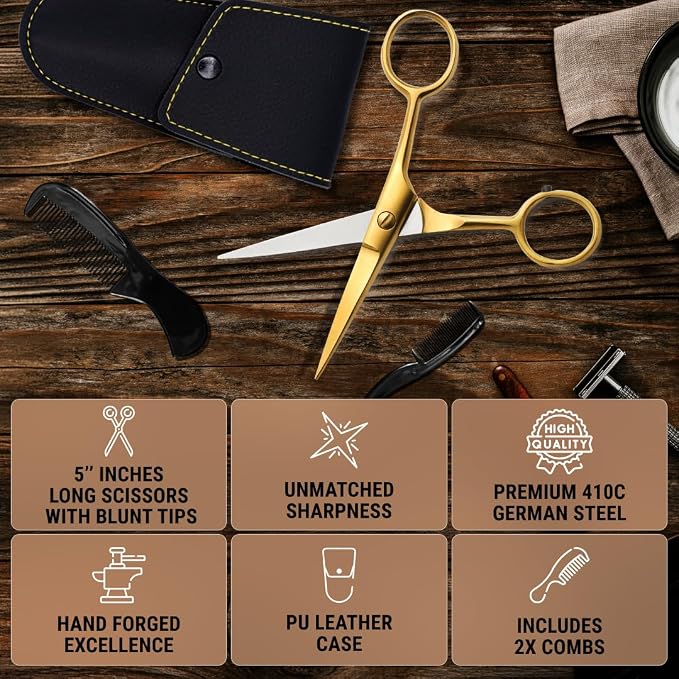 Ontaki 5" Beard & Mustache Scissor with Combs for Men - Gold Brass | 410C Durable German Steel, Ergonomic Travel Friendly Design for Facial Hair - Beard Grooming Kit & Case Perfect for Styling