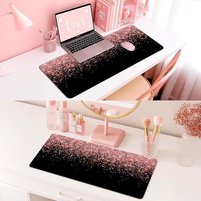 Britimes Pink Rose Gold Desk Mat Golden Black Deak Pad Non-Slip PU Leather Large Keyboard Mouse Pad Office Desktop Accessories for Office,Work,Home Decor(31.5"X15.7")