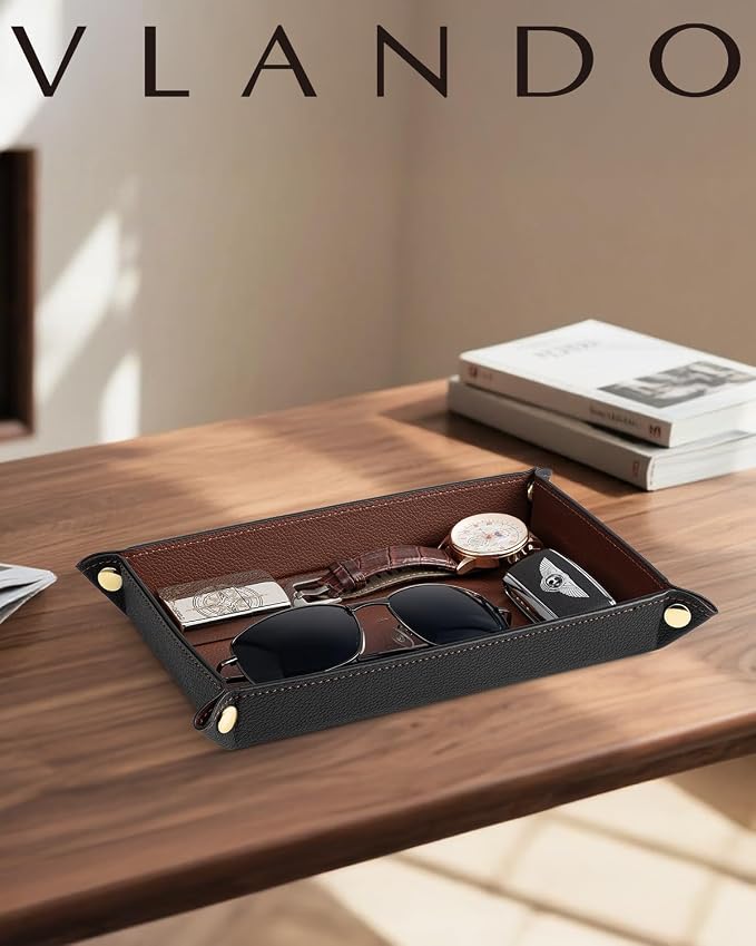 VLANDO Valet Tray for Men, Foldable PU Leather Catchall, Mocha Brown | Travel Catchall Tray, Jewelry Tray and Dresser Organizer for Keys, Wallet, Watch, Glasses, Rings and Small Accessories