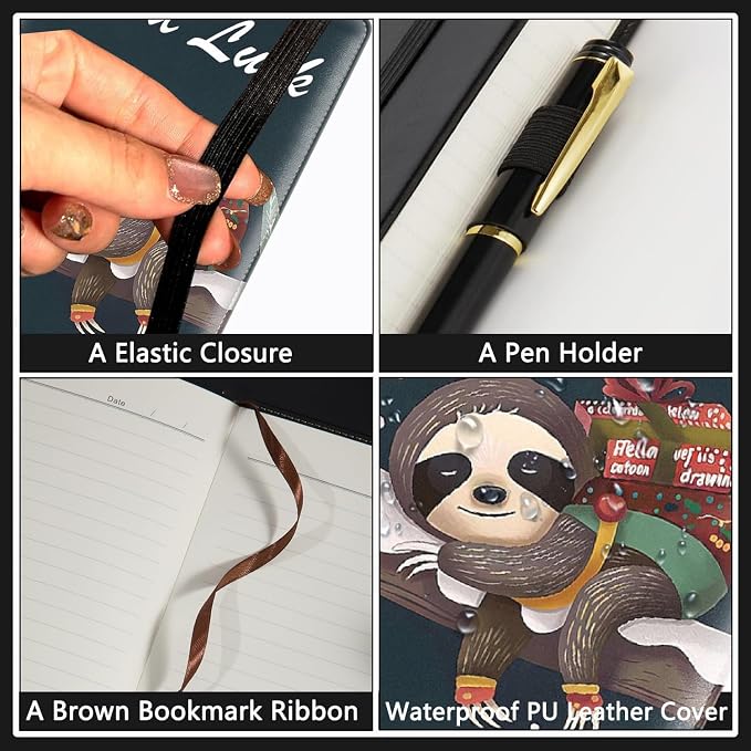 A5 Leather Lined Journal Notebook, 200 Pages Hardcover Executive Notebook for Men Women Office School Note Taking, Thick Writing Paper Daily Journal with Bookmarks/Indexes,Funny Sloth