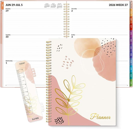 SUNEE Academic Planner 2026-2027 – Weekly & Monthly Planner, July 2026 to June 2027, 8.5"x11", Thick Paper, Tabs, Pockets, Bookmark, Spiral-Bound, Student Teacher Organizer, Blushing Abstract Breeze