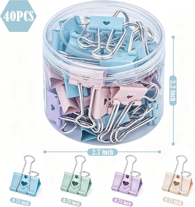 BAYTORY 40Pcs Pastel Binder Clips, 3/4 Inch (19 mm) Small Binder Clips | with Clear Storage Container, Paper Clamps for School Teachers Office Supplies (19 mm)