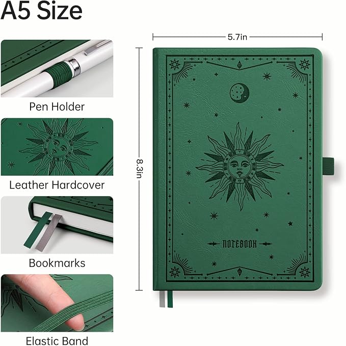EMSHOI Lined Journal Notebook, 192 Numbered Pages, A5 Size (5.7'' x 8.3'') | Leather Hardcover, 100 GSM Thick Paper, for Women & Men, Journaling, Writing, Work & Office, Sun Debossed (Dark green)