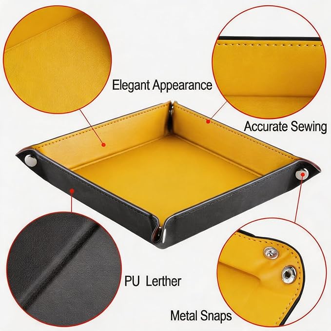 Valet Tray Desktop Storage Organizer – Vegan Leather Catchall Tray Bedside Vanity Tray Nightstand Caddy Holder for Remote Controller, Watch, Keys, Phone, Wallet, Coin, Jewelry, Yellow