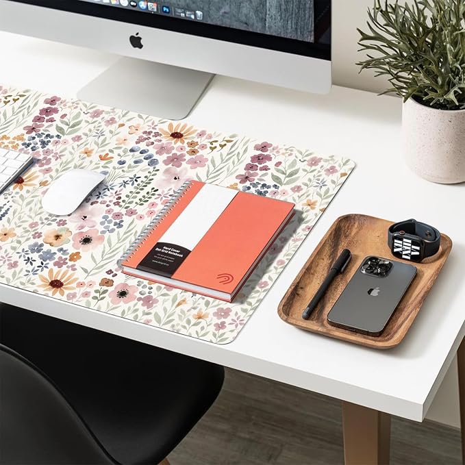 Flower Large Mouse Pad, Floral Desk Matt for Desktop, PU Leather Waterproof Desk Pad, Computer PC Laptop Protector Gaming Mouse Pads for Women Office Decor (31.5" x 15.7")