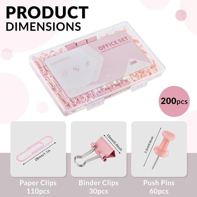 200pcs Paper Clips Binder Clips and Push Pins Set, Mini Clips and Thumb Tacks for Multipurpose Document Organization (Pink)