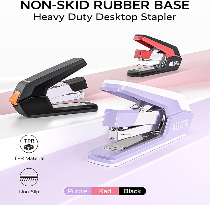 MARSROCK Effortless Stapler for Desk with 40-50 Sheet Capacity, 2000 Staples, 1-Touch Stapling, Ergonomic & Easy to Load Desktop Staplers, Heavy Duty Stapler, and Magnetic Staple Remover, Red