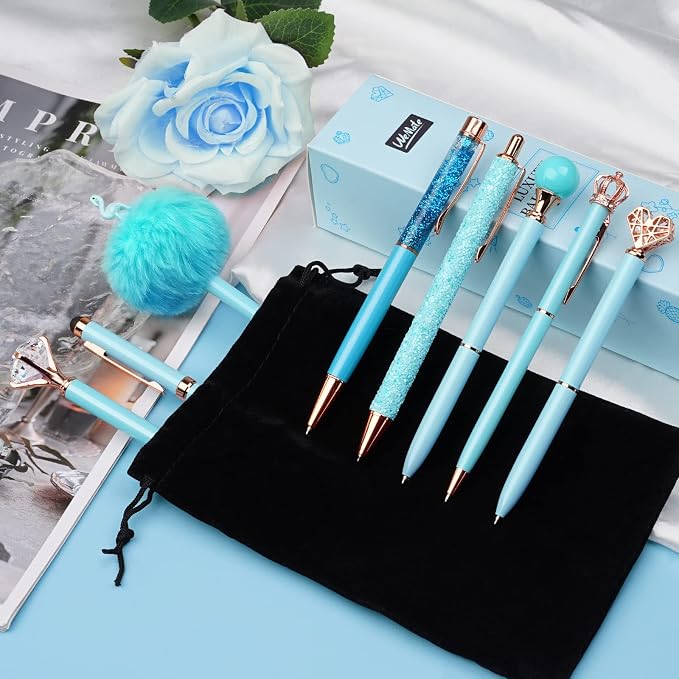 WEMATE 8Pcs Blue Pens, Metal Crystal Diamond Pens with Black & Blue Ink | Cute Fancy Pens for Journaling, Office Supplies, Gifts for Women Girls, Birthday & Back to School Supplies