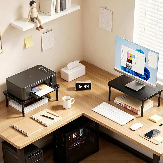 WALI Monitor Riser for Desk, 3 Height Adjustable Laptop Riser with Airflow Vents, Desk Organizer for Computer/Printer/Notebook, 2-Pack for Dual Monitor Setup, Black (PTT001‑2)