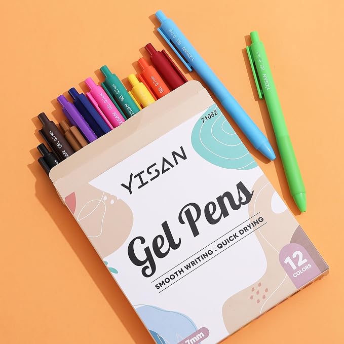YISAN Colored Gel Pens,12 Pcs,0.7mm Fine Point | Retractable, Quick-Dry Ink, Smooth Writing for Journaling, Note Taking, Roller Ball Point, 71082