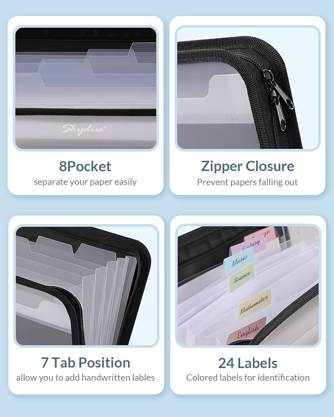 SKYDUE Accordion File Organizer, 7 Pocket Expanding File Folder with Front Pocket, Letter Size, Important Document Organizer with Double Zipper,Travel Folder, School Office Supplies