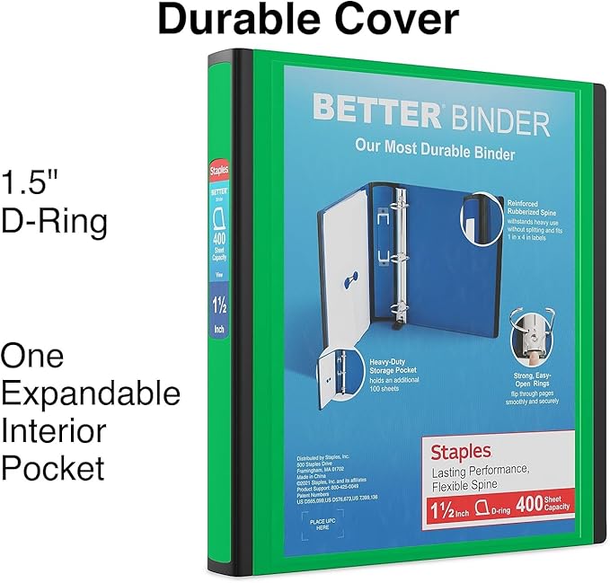 Staples Better 1.5-Inch 3-Ring Binder, Green – Heavy-Duty Binder for School & Office Organization