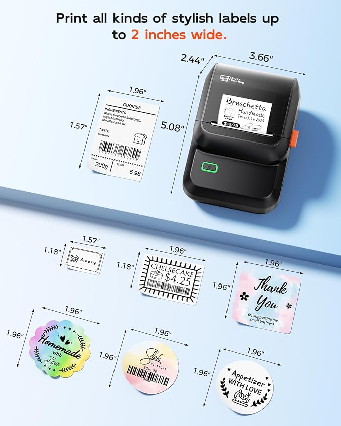 Label Maker Machine with 3 Tapes, Portable Bluetooth Theraml Printer, Black | 2 inch Inkless Label Printer with 6000+ Templates, Easy to Use for For Small Business，Home，School，Organization ,Office