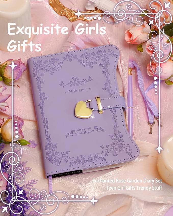 Hoci Poci Diary with Lock and Keys for Girls Gift Ideas, 360 Pages Journal | Elegant Gift Box for Teen Girls, B6 Gold Edged Pages Refillable Notebook with Pen and Bookmark for Writing, Garden Purple