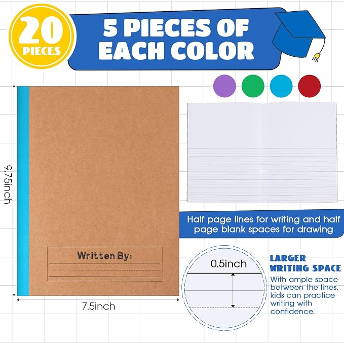 Henoyso 20 Pack Primary Composition Notebook, 9-3/4" x 7-1/2", Kids Primary Journal, K-2 Writing Notebook for Kids Student Draw Write Story Journal Half Blank Books(Fresh Color)