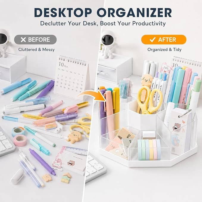 Rotating Pen Holder for Desk, 360 Degree Desk Organizer, Desktop Storage | with 9 Removable Compartments, Detachable Pencil Holder and Art Supply Organizer for Office, School, Makeup Brushes, Markers