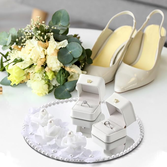 Liliaafar Wedding Mirror Tray with 2 Pcs Ring Boxes Mirrors Flat Circle Plates with Pearl Roses Design Trays for Table Centerpieces Wedding Party Centerpieces