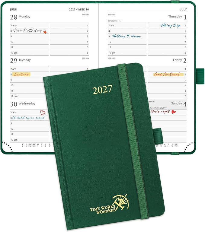 POPRUN Pocket Calendar 2027, 4" x 6.25" Pocket Calendar for Purse, Jan 2027 - Dec 2027 Small Planner, Weekly Appointment Book with Hourly Time Slots, Hardcover, 100 GSM - Dark Green