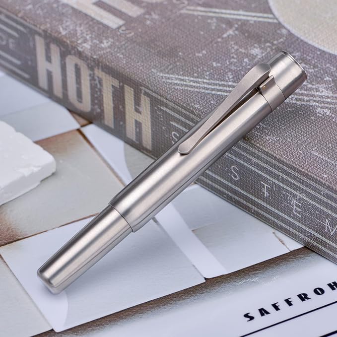 HONG DIAN M2 Titanium Mini Fountain Pen, Bent Nib & Sleek Shape Metal Short Pocket Travel Pen (Titanium Gray)
