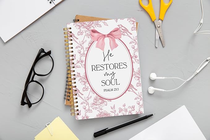 Christian Notebook for Women, Christian Gifts Journal, Prayer Journal for Women, Bible Journaling Notebook, PSALM 23:3 He Restores My Soul Floral Spiral Notebook 5.5x8.3