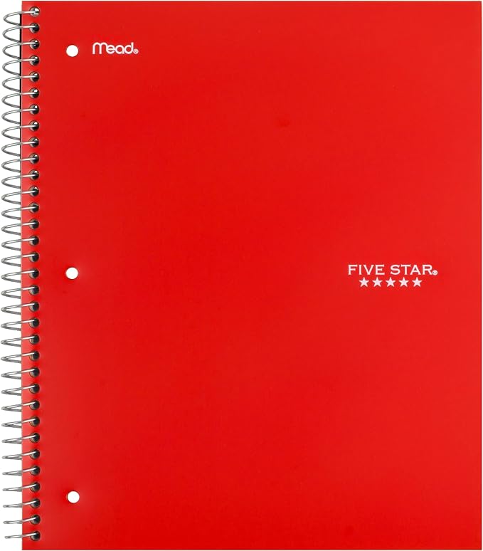 Five Star Spiral Notebook + Study App, 5 Subject, Wide Ruled Paper, 8" x 10-1/2", 200 Sheets, Fights Ink Bleed, Water Resistant Cover, Fire Red (72041)