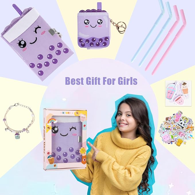 All In One Gift Kit for Girls – Back to School Supplies, Lock and Key Plush Journal Stationery Set with 53 Stickers, 1 Bracelet, 1 Coin Purse, 4 Straws and 3 Sticky Notes, Journaling Kit for Kids, Tweens & Teens (Purple Boba)