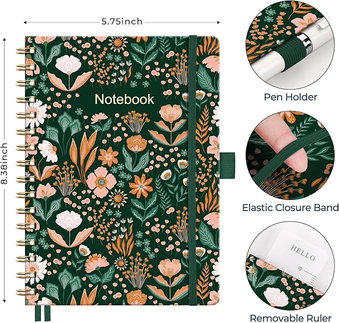 AHGXG Spiral Journal Notebook, 160 Lined Pages, A5 Medium Size (5.7'' x 8.3''), for Women, Journaling, Writing, Work & Office, Hardcover, 100 GSM Thick Paper (Emerald Bloom)