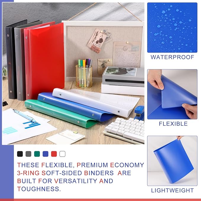 Fulmoon 6 Pack Plastic 3 Ring Binder Assorted Colors Economy Flexible Round Ring Presentation Binders with Pocket for Office School Meeting(1.5 Inch,Classic Colors)