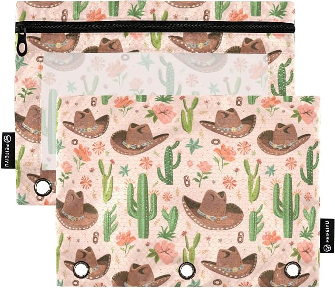 Binder Pencil Pouches Cowboy Hat and Cactus Pen Case | Clear Window 3 Rings, Cosmetic Bags School Office Supplies Cosmetic Makeup Bag 2 Psc