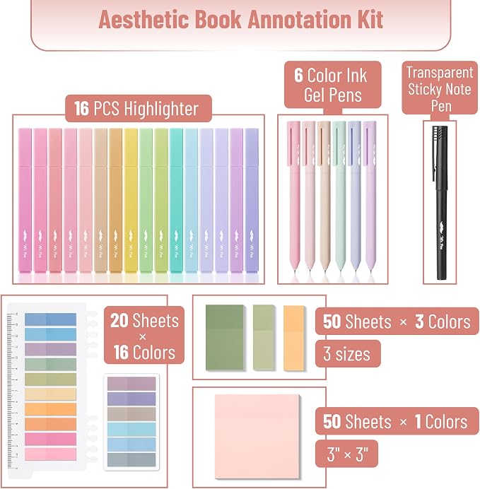 Mr. Pen- Aesthetic Book Annotation Kit, 16 No Bleed Aesthetic Highlighters | 6 Colored Ink Gel Pens, 700 Sheets Transparent Sticky Notes & Tabs for Study, Bible Journaling, Planner, Office Supplies