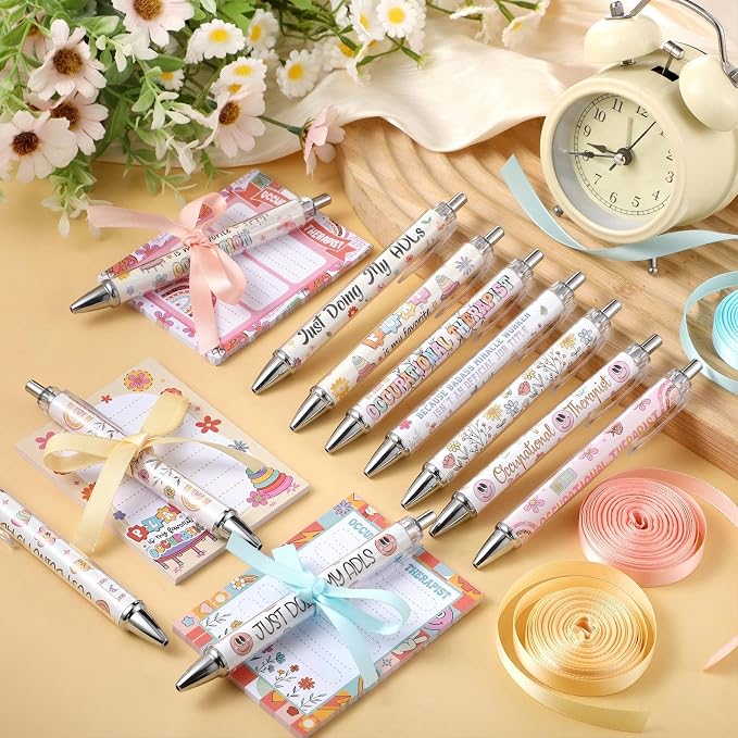Eaasty 48 Pcs Occupational Therapy Notepads and Ballpoint Pens with Ribbon Bulk OT Month Gifts Thank You Appreciation Gifts for Occupational Therapist Women Coworker Office School Party Favor