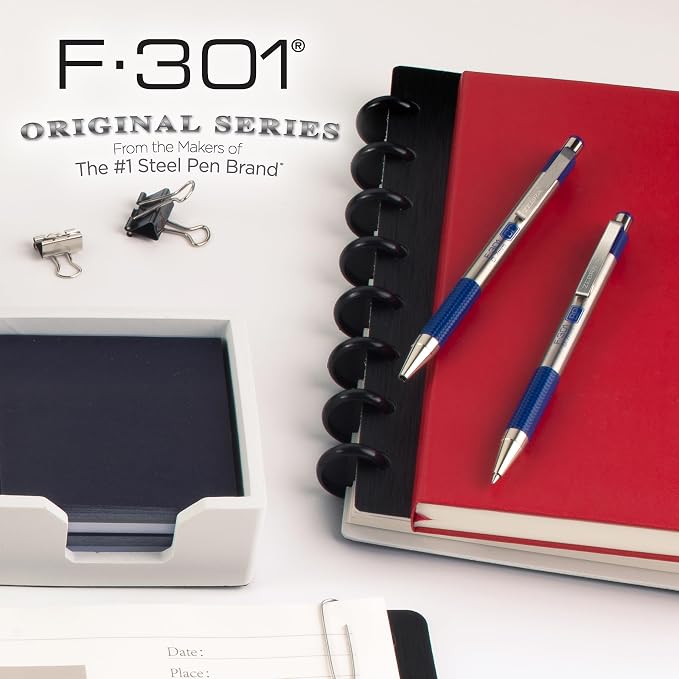 Zebra Pen F-301 STEEL Retractable Ballpoint Pen, Blue Ink, 0.7mm, 2-Pack
