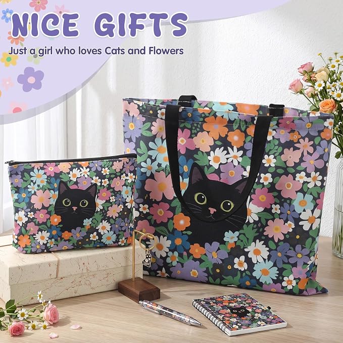 Kinlop 5 Pcs Gift Set for Women Include Tote Bag Canvas Cosmetic Bag Coil Notebook Keychain and Ballpoint Pen for Women Girls (Black Cat,Multicolor)