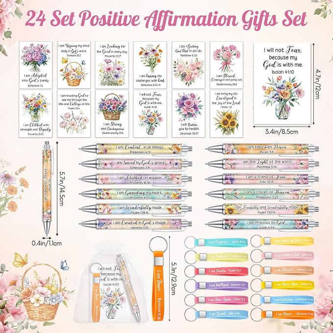Mooliwe 24 Set Positive Affirmation Gift Set Gratitude Notebooks with Pens Keychains Small Bags Motivational Party Favors for Adult Women Coworkers Employee Group (Floral)