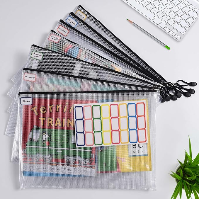 6PCS Mesh Zipper Pouch Bags: A4 Clear Zipper Pouches for Classroom, Black | 13.5 x 9.5 Inch Plastic Mesh Bag Letter Size Document Pouch, Waterproof Organizing Pouch for School and Office Supplies