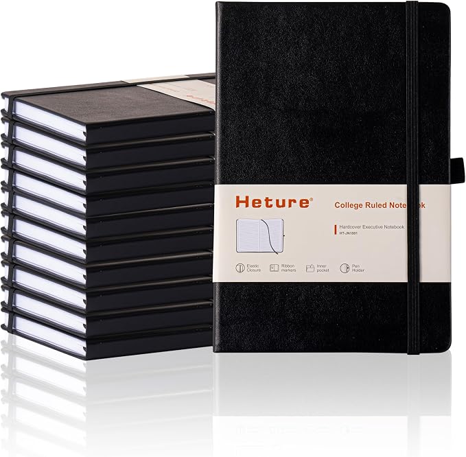 Heture 10 Pack Hardcover Journal Notebooks, A5 Lined Notebook for Writing and Work, 160 Pages 100 GSM Thick Paper, Ruled Notebooks Bulk with Elastic Closure, Hardcover Notebook for Work, School, Travel, Note Taking (Black)