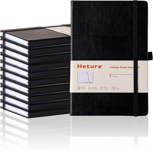 Heture 10 Pack Hardcover Journal Notebooks, A5 Lined Notebook for Writing and Work, 160 Pages 100 GSM Thick Paper, Ruled Notebooks Bulk with Elastic Closure, Hardcover Notebook for Work, School, Travel, Note Taking (Black)