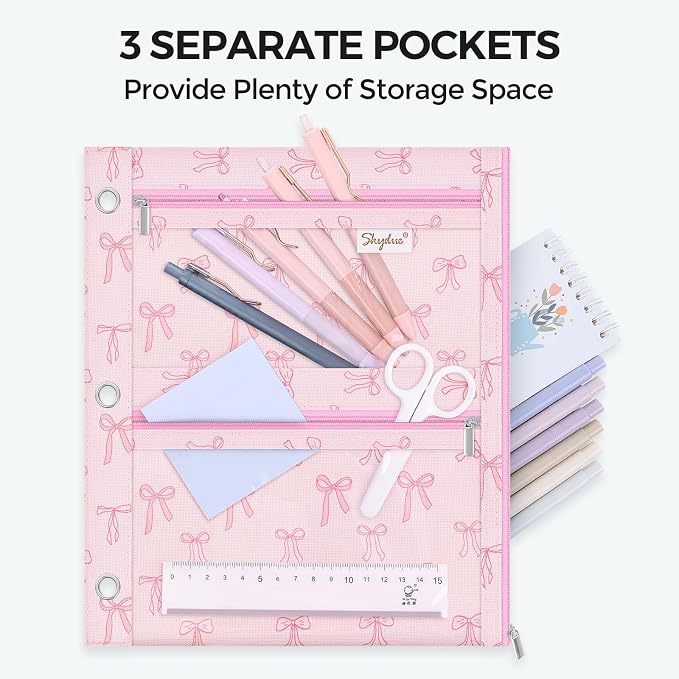 SKYDUE Binder Pencil Pouch for 3 Ring Binder, 3 Compartment Zipper Case, Large Capacity Pen Organizer with Clear PVC Window for School Supplies, Students, Kids & Teachers