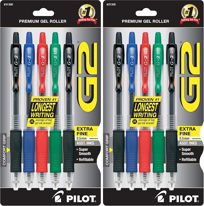 PILOT G2 Premium Refillable and Retractable Rolling Ball Colored Gel Pens, Extra Fine Point, 0.5mm, Assorted Color Inks, 5 Count (Pack of 2)