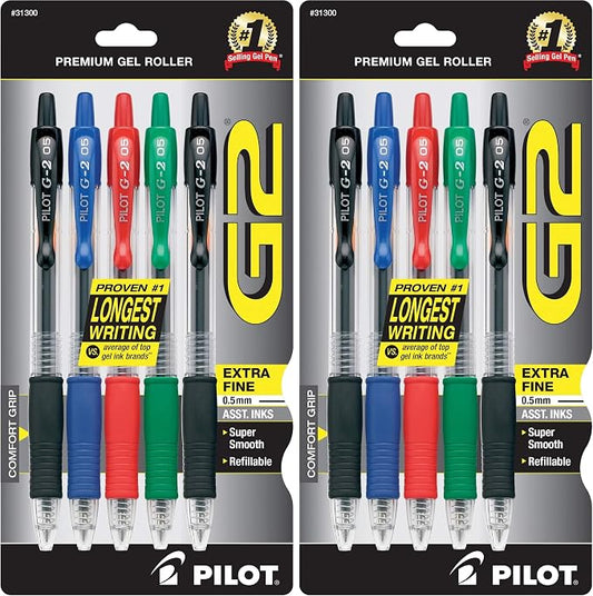 PILOT G2 Premium Refillable and Retractable Rolling Ball Colored Gel Pens, Extra Fine Point, 0.5mm, Assorted Color Inks, 5 Count (Pack of 2)