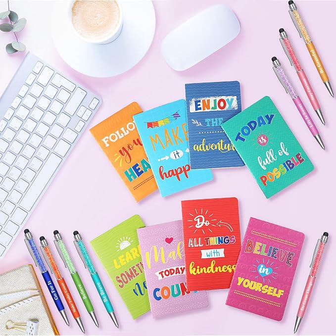 Funrous 32 Pcs Motivational Quote Pens Inspirational Notepads Mini Journal with Ballpoint Pen Small Notebooks Gift for Men Women Coworker Adult Party Favors Prize Teacher Student Office(Colorful)